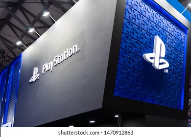 Shanghai, China - Aug 2, 2019: Low Angle View Of Sony Playstation Booth With Logos And Brand Name At The 17th Chinajoy (China International Exhibition Of Digital Interactive Entertainment) 2019 Expo.