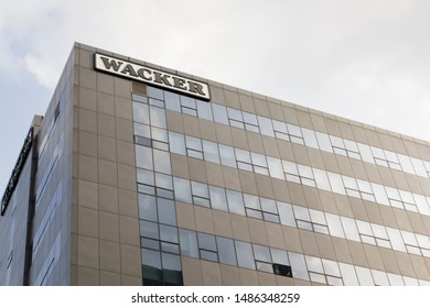 Shanghai, China - Aug 20, 2019: The Wacker Logo At Wacker Greater China Headquarters In Shanghai's Caohejing Hi-Tech Park.