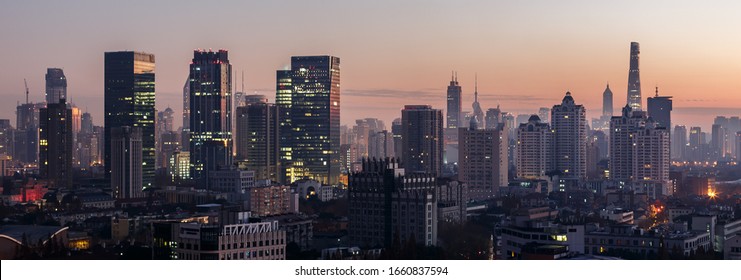 Shanghai, China - Dec 19, 2015: Early Dawn, Red Sky. A Dramatic Sunrise Illuminating The Shanghai Skyline. An Alternative View On Shanghai Tower, Oriental Pearl Tower And Other Skyscrapers. Panorama.