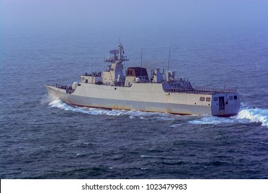 SHANGHAI, CHINA - Dec 31, 2017: New Guided Missile Type 056A (NATO Reporting Name: Jiangdao) Chinese People's Liberation Army Navy Corvette 