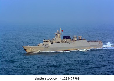 SHANGHAI, CHINA - Dec 31, 2017: New Guided Missile Type 056A (NATO Reporting Name: Jiangdao) Chinese People's Liberation Army Navy Corvette 