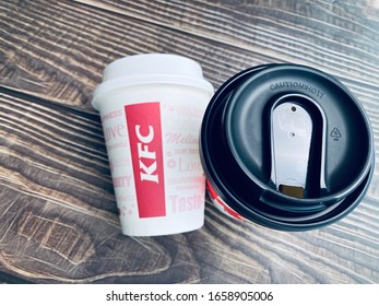 Shanghai / China - February 27, 2020: KFC Paper Cups. KFC Servers Different Kind Of Coffee, Soy Milk And Tea. KFC Serves Breakfast And Afternoon Tea Options In China.