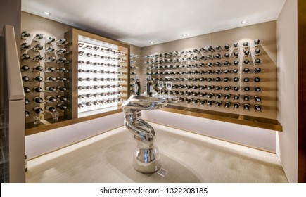 Shanghai, China, China, January 28, 2019: Expensive Red Wine Placed Neatly By Filipino Maids In The Underground Wine Cellar Of Shanghai's Wealthy Villas