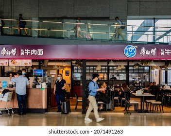 Shanghai, China - July 11, 2021: A Master Kong Chef's Table, Famous For Beef Noodle, In Departure Hall Of Terminal 2, Shanghai Hongqiao International Airport, Minhang Districrt. Chinese Food Chain.