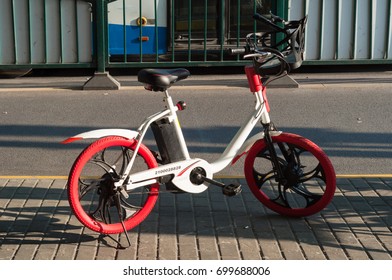 Shanghai, China - JULY 15, 2017 : Bicycle Of Bike Sharing Company Gonbike Parking On Footpath