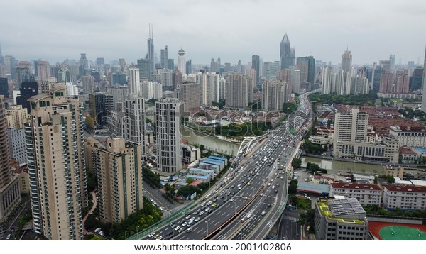 Shanghai,
China - June 26 2021: Urban Jungle from above
