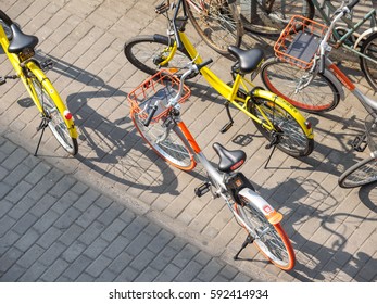 Shanghai, China - March 4, 2017:  Mobike Bicycle And OFO Are Popular Share Bike In Shanghai.