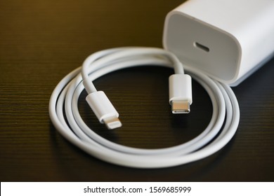 Shanghai, China: November 19, 2019: Brand new USB-C type to Lightning fast charging cable of with iPhone 11 Pro Max. Charger provides 18W capacity and included with iPhone 11.