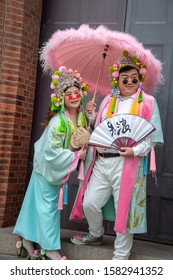 Shanghai, China - November 2019: Young Couple Dressed In Colourful Chinese Costume Posing For Pre-wedding Photos Pre-wedding Photo Shoots Are A Tradition, And Billion Dollar Industry In China Today.