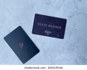 Shanghai, China - October 06, 2021: Marriott Bonvoy Membership Cards On Marble Floor. The Card Holds Benefits For Hotel Stays And Restaurants.  