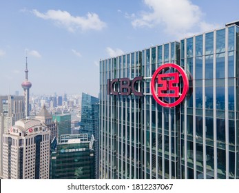 Shanghai, China - Sep 6, 2020: Industrial And Commercial Bank Of China (ICBC) Office Building In Lujiazui Downtown District. Drone Aerial View Of Cityscape And Landmarks. Logo Of The Bank On Building