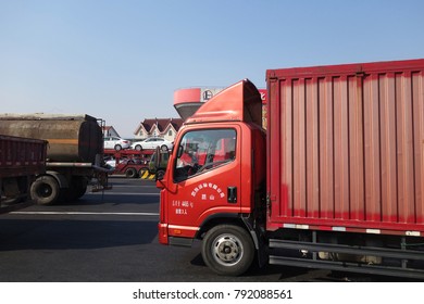 SHANGHAI, CHINA-JAN 08, 2018:  Trucks Line Up At The Toll Both Of A Highway In Shanghai, China.