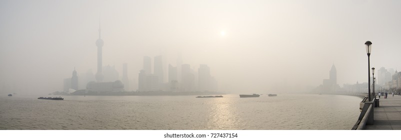 Shanghai Cityscape Panorama Of Pudong Financial District. Shooting From The Bund Across Huangpu River In Morning Fog. Shanghai, China