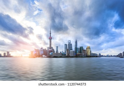 Shanghai Cityscape And Skyline With Typhoon Sky At Sunrise