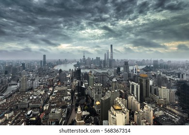 Shanghai Cityscape And Skyline With Typhoon Sky At Sunrise