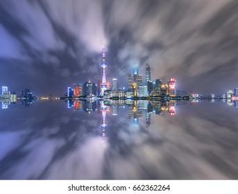 Shanghai Cityscape And Skyline With Typhoon Sky In Night