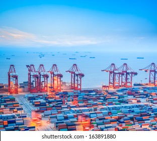 Shanghai Container Terminal At Dusk ,yangshan Deep-water Port , China 