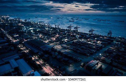 Shanghai Container Terminal At Nightfall