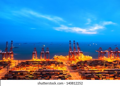 Shanghai Container Terminal At Nightfall