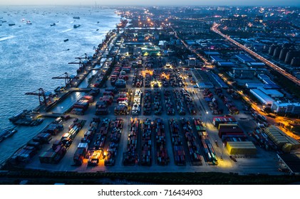 Shanghai Container Terminal At Nightfall