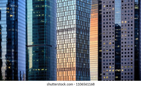 Shanghai Futuristic Modern Architecture And Reflections On Windows Of Sunset Warm Light In Skyline And Great Patterns In Skyscrapers In Financial District Pudong Shanghai, China