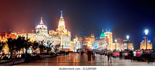 Shanghai Historic Architecture Panorama At Night On Street With Lights.