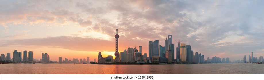 Shanghai morning city skyline silhouette over river