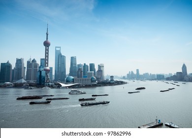 Shanghai Pudong Skyline And Busy Huangpu River