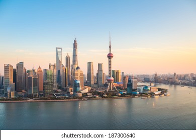 Shanghai Pudong Skyline And Huangpu River At Dusk 