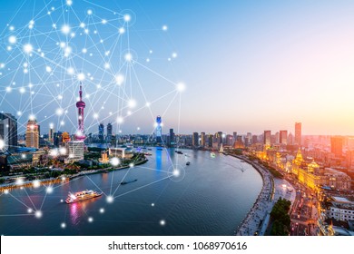 Shanghai Rapid Development In The City, Busy Data Network Space