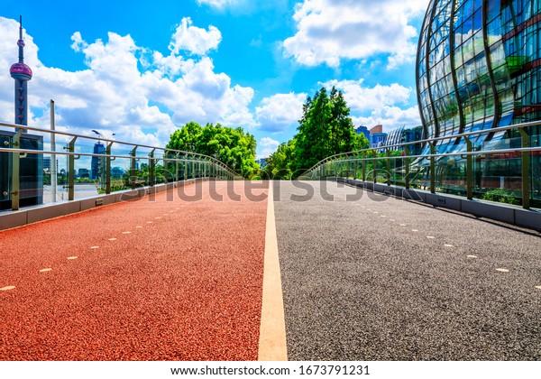 Shanghai runway pavement and urban architecture\
landscape in summer