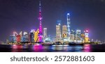 Shanghai skyline at the Bund with Oriental Pearl Tower Huangpu river downtown Pudong panorama at night in China