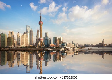 Shanghai Skyline At Dusk With Reflection,China