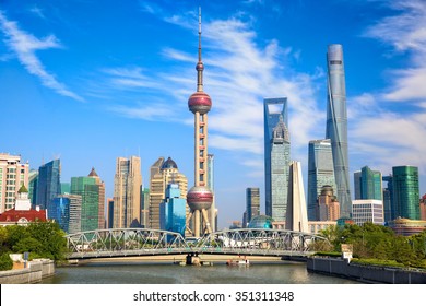 Shanghai skyline with historical Waibaidu bridge, China - Shutterstock ID 351311348