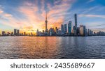 Shanghai skyline and modern city buildings scenery at sunrise. Famous financial district landmark in Shanghai. 