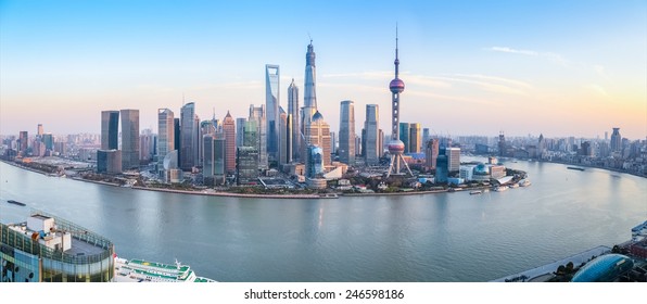 Shanghai Skyline Panoramic View At Dusk ,China