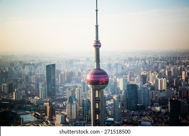 Shanghai Skyline In Sunrise, Landscape Of City.