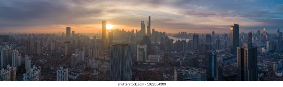 Shanghai Skyline At Sunrise. Panoramic Aerial View.