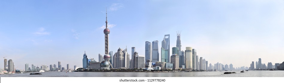 Shanghai Skyscraper Scenery. Wide Horizontal Panorama.