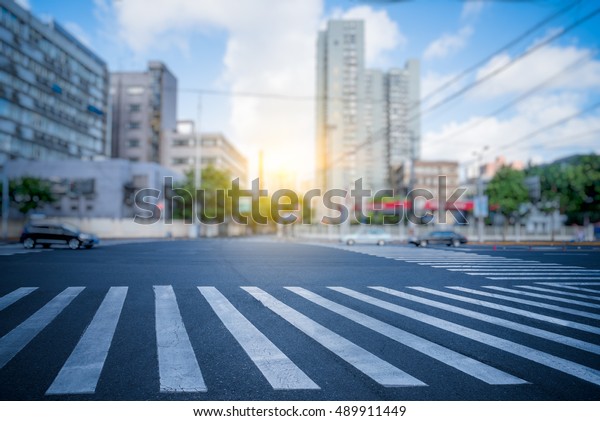 Shanghai street\
view with cityscape in\
background.