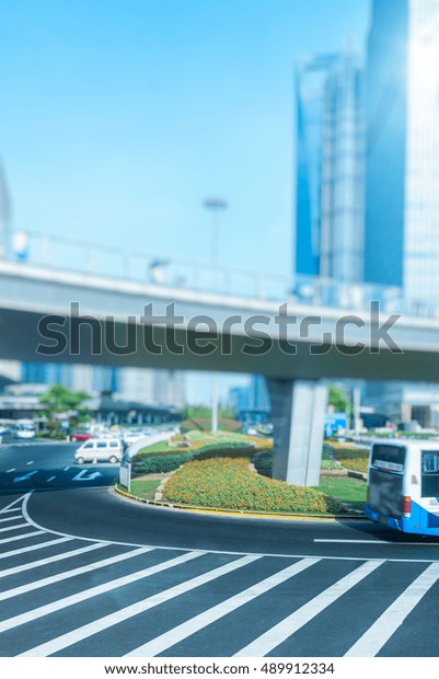 Shanghai street\
view with cityscape in\
background.