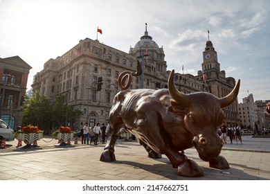 Shanghai,China- May 13 2015: Wall Street Bull On Shanghai Bund.  Shanghai Is The Financial Center Of China. 