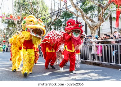 Shanghai,China - on February 11,2017:Dragon and lion parade dance show in the Chinese Lantern Festival.
