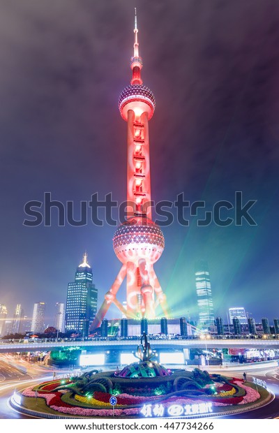 Shanghai,China - on May 25,2016:The Oriental\
Pearl Tower building scenery at night,Shanghai Oriental Pearl TV\
Tower is a famous\
landmark.