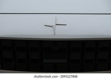 Shanghai.China-Dec.18th 2021: close up Polestar EV car logo. Polestar is a Swedish Electric car brand owned by Volvo Cars and Geely