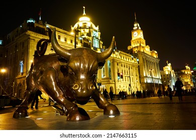 Shanghai,China-Feb 23, 2018: Wall Street Bull On Shanghai Bund.  Shanghai Is The Financial Center Of China. 