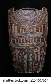 Shanghai,China-Feb.27th 2022: Close Up Ancient Egyptian Authentic Mummy Chest Cover. Painted Plaster And Linen