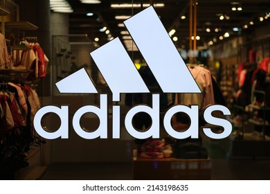 Shanghai,China-Jan.1st 2022: Close Up Large Adidas Brand Logo Outside Store