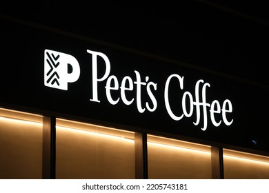 Shanghai,China-July 30th 2022: Close Up Peet's Coffee Store Sign At Night