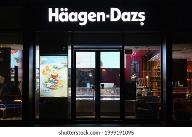 Shanghai.China-June 2021: Facade Of Häagen-Dazs Store At Night .American Ice Cream Brand